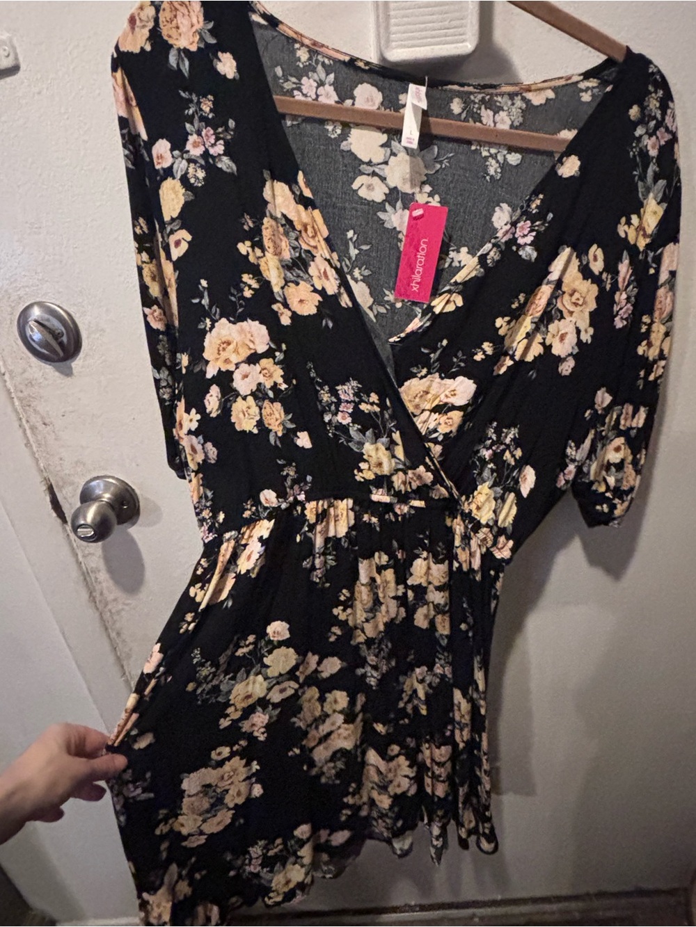 Xhilaration Black Floral Wrap Dress with Cream & Pink Blooms